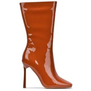 Women Mid Calf Square Toe Heel Boot Tan Color